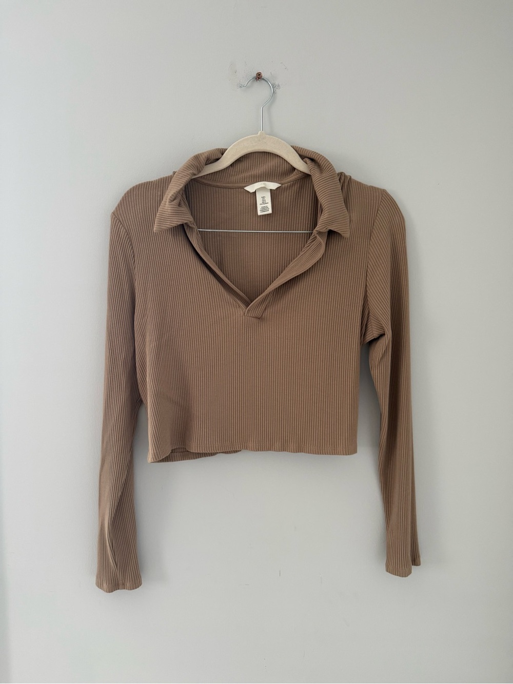 H&M Ribbed Collared Cropped Long-Sleeve Top - Taupe Brown